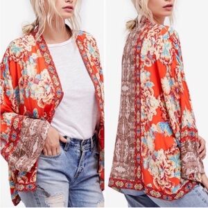 Free People Wildflower Kimono Zip-Up Jacket •Red/Orange •Women’s Size M/L • Boho